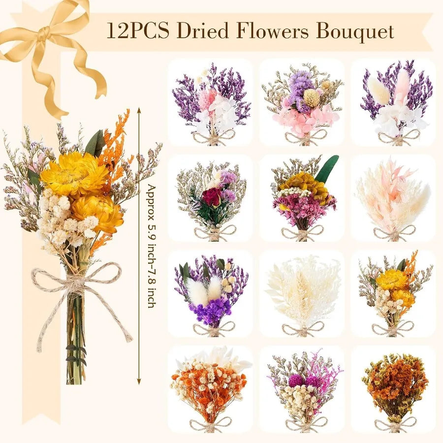 12 24 PCS Charming Dried Flowers Bouquet for Vase Various Dried Wildflowers with Stems Mini Handmade Wildflowers Natural Real F