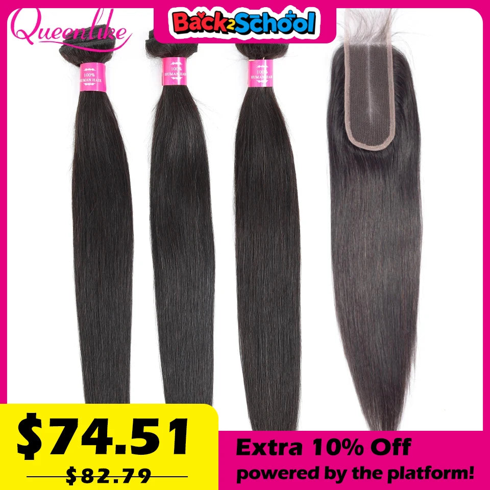Queenlike Straight Human Hair Bundles with 2x6 Deep Middle Part HD Lace Closure 12A Brazilian Raw Hair Bundles with Closures