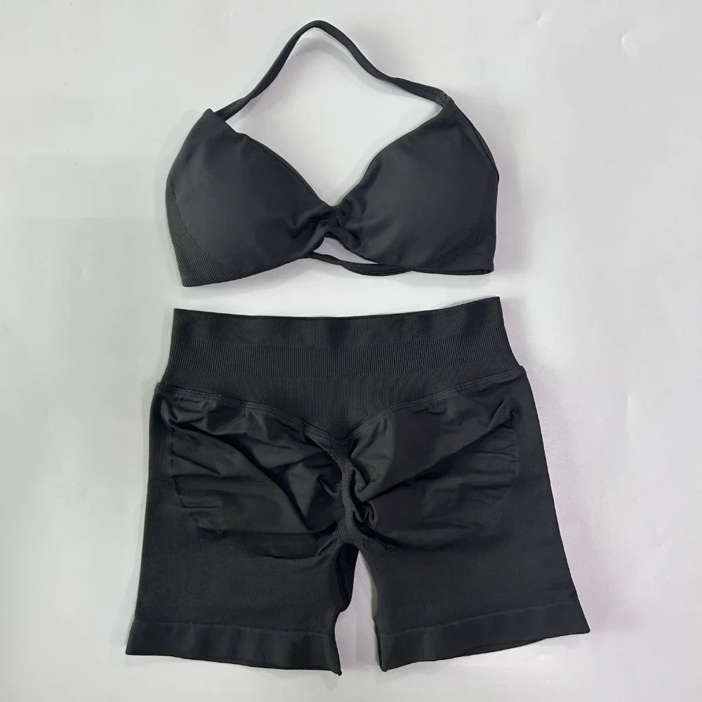 2PCS Gym Set Women Strappy Yoga Bra Top High Waist Workout Scrunch Shorts Sports Suit Seamless Yoga Set Fitness Clothes