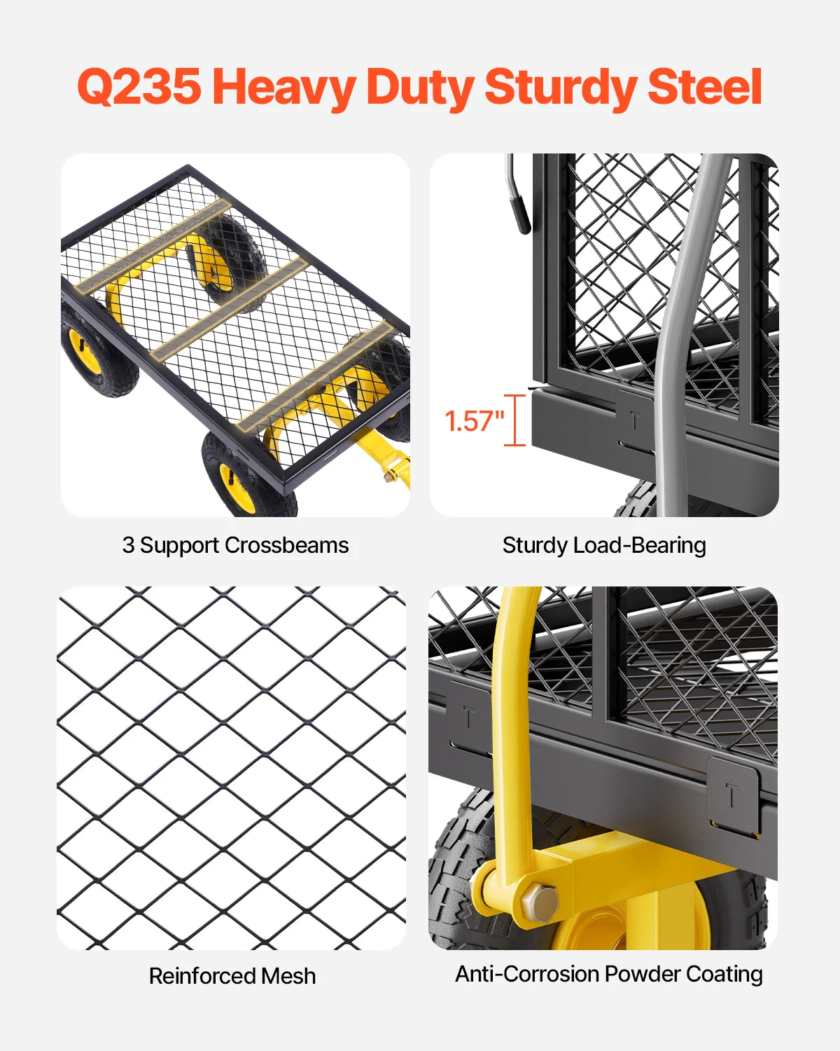 Garden Cart Pullable on Wheels Metal Yard Wagon Cart W/ All TerrainTires Mesh Removable Sides and Rotating Handle