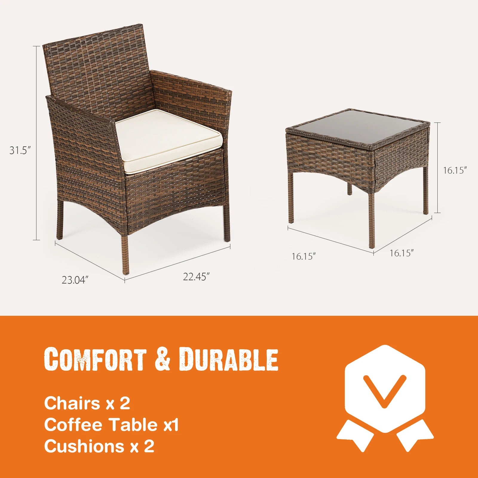 Outdoor Patio Furniture Set 3 Pieces with Soft Cushion and Glass Table Manual Weaving Wicker Rattan Patio Chairs For Garden