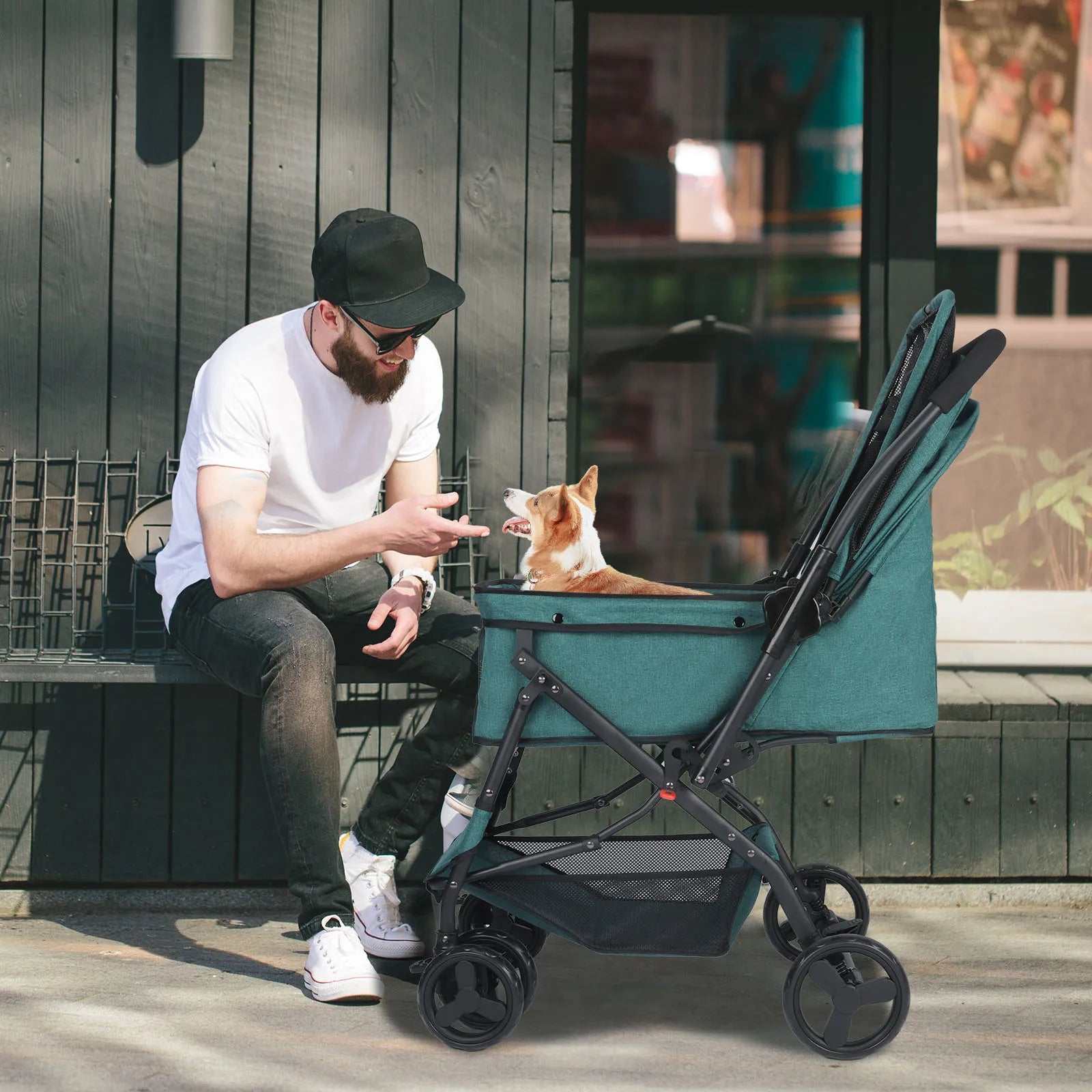 Dog Stroller, Pet Stroller for Medium Dogs Cats, with Dog Poop Bags, Reversible Handlebar, Tethers, Storage Basket and Pouch