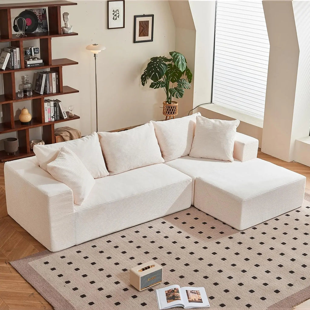 108" L-Shaped Boneless Couch with Deep Seat, Corduroy Cloud Couch, No Assembly Required, Ship in a Box, Modular Sectional Sofa