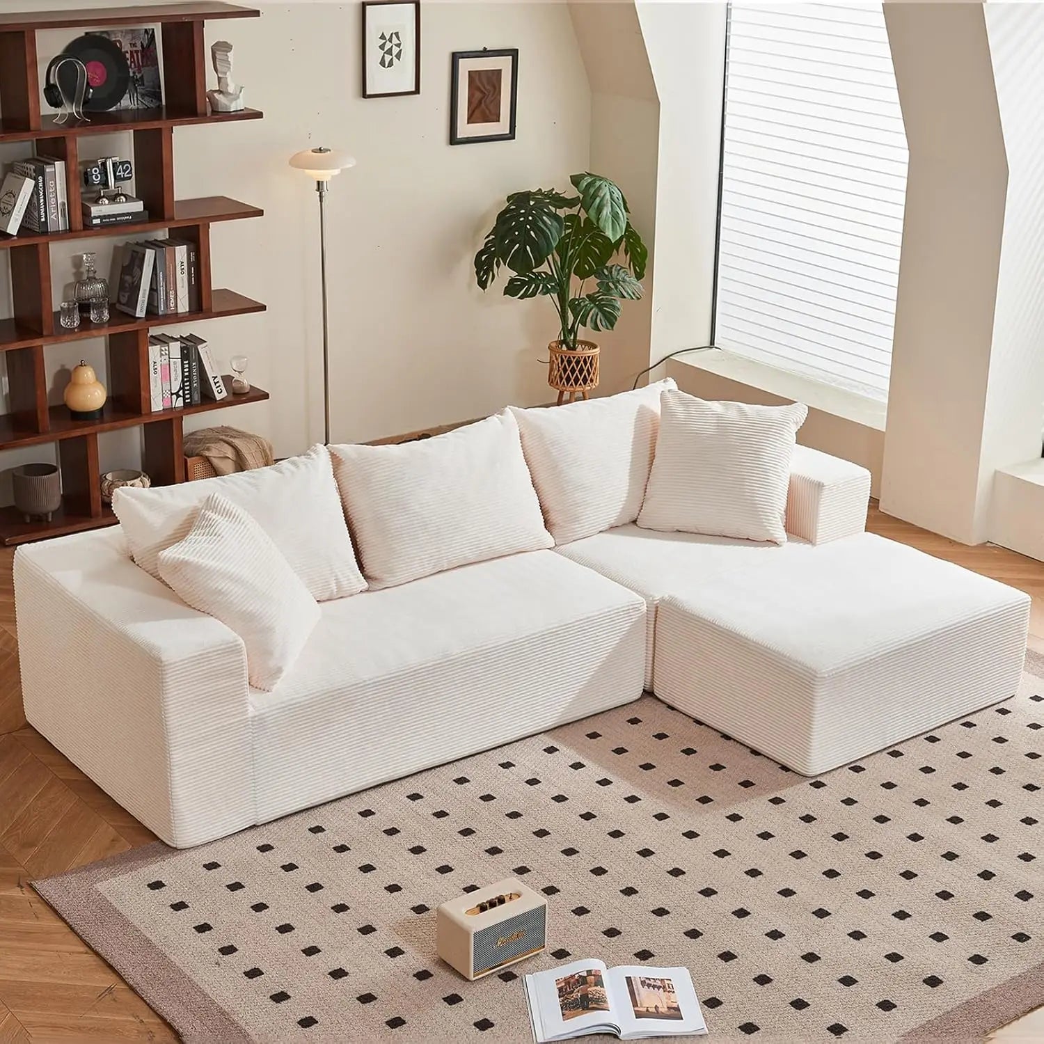 108" L-Shaped Boneless Couch with Deep Seat, Corduroy Cloud Couch, No Assembly Required, Ship in a Box, Modular Sectional Sofa