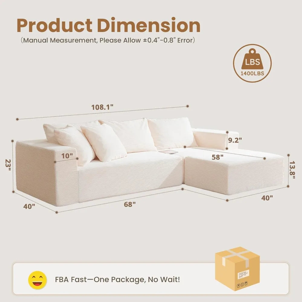 108" L-Shaped Boneless Couch with Deep Seat, Corduroy Cloud Couch, No Assembly Required, Ship in a Box, Modular Sectional Sofa