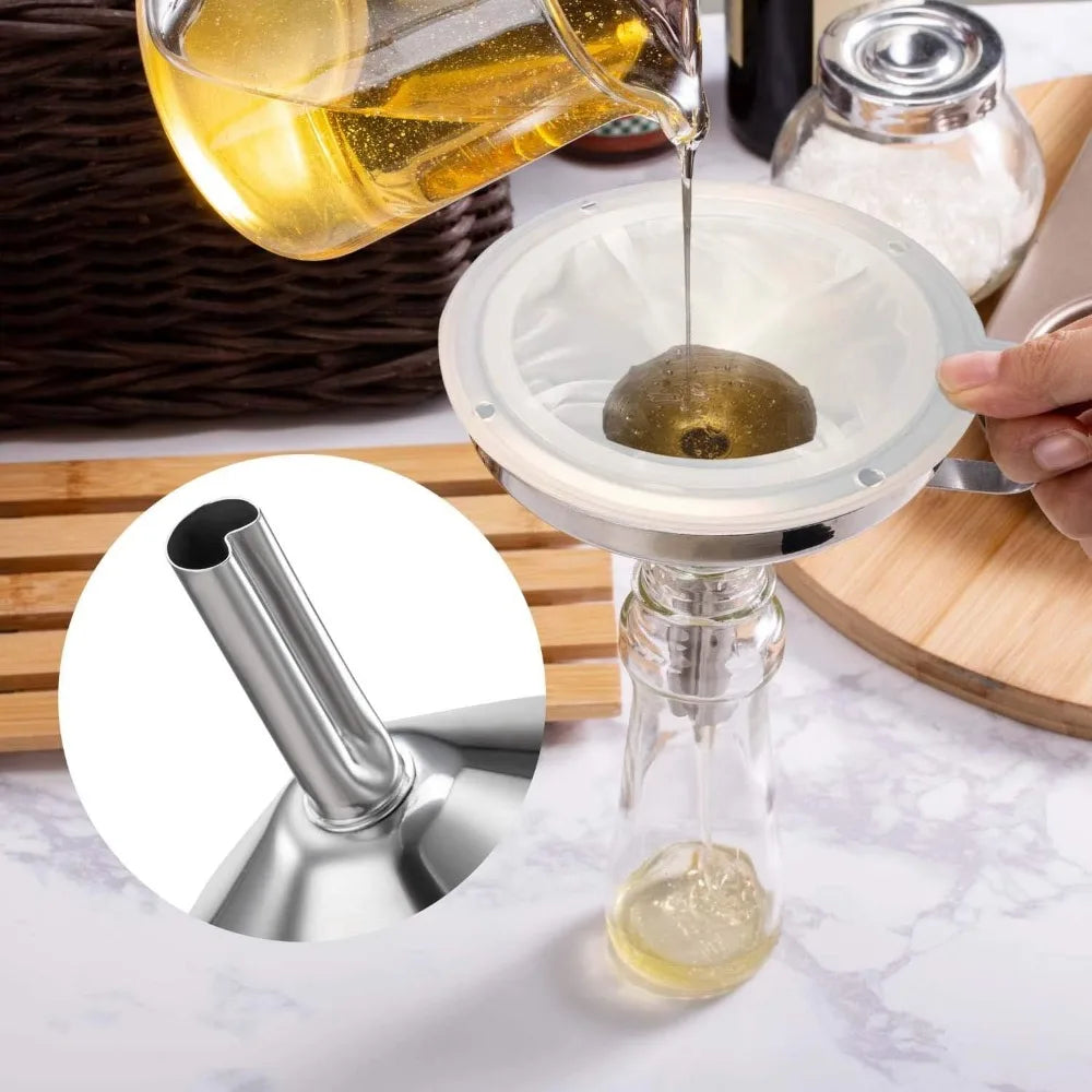 Premium Stainless Steel Funnel, 5 Inch Food Grade Kitchen Funnels with 200 Mesh Food Filter Strainer