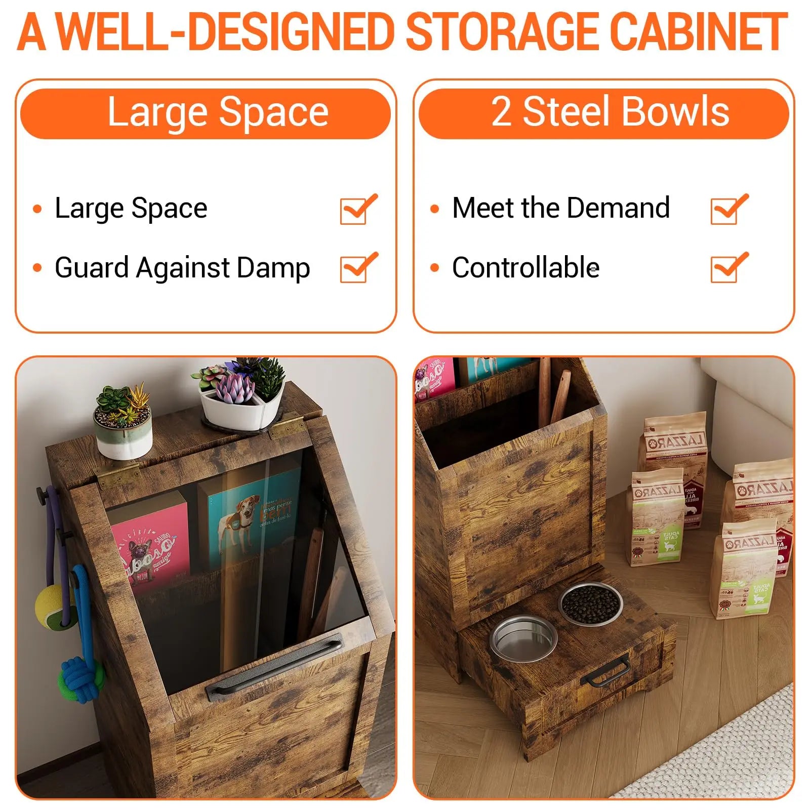 Large Dog Food Storage Cabinet with Flip Top - Pet Feeding Station & Organizer w/Transparent Lid, Side Hooks for Leashes - Multi