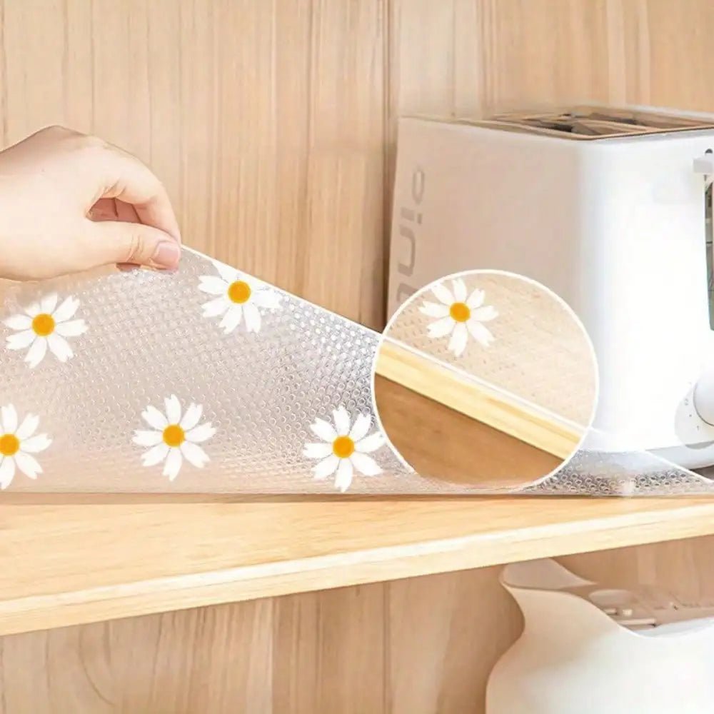 1 Roll 300cm/118inch Waterproof Non-Slip Plastic Shelf Liner Roll,Multipurpose Cabinet Drawer Mat Liner for Kitchen Daisy Design