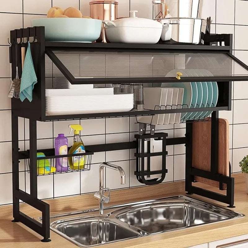 Dish Drying Rack, Large Stainless Steel Over The Sink 2 Tier Dish Rack with Cover for Kitchen (Black, Large 37.40 Length)