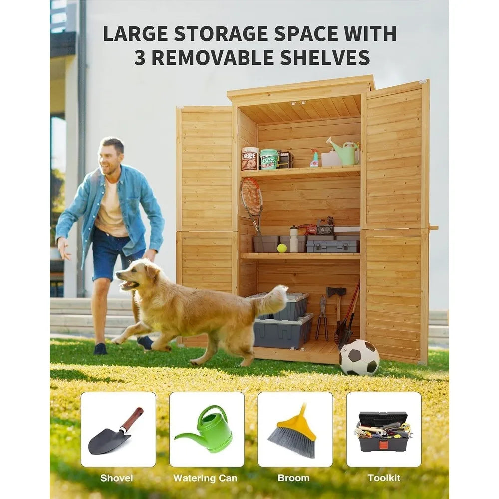 Outdoor Storage Cabinet with 3 Shelves, Double Lockable Wooden Garden Shed with Waterproof Roof, Outside Vertical Tall Tool Shed