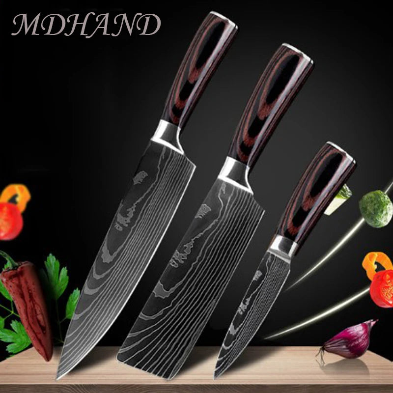 8 " Kitchen Knives Sharp Chef Knife Stainless Steel Laser Damascus Style Cleaver Sushi Knife Slicing Utility Cooking Accessories