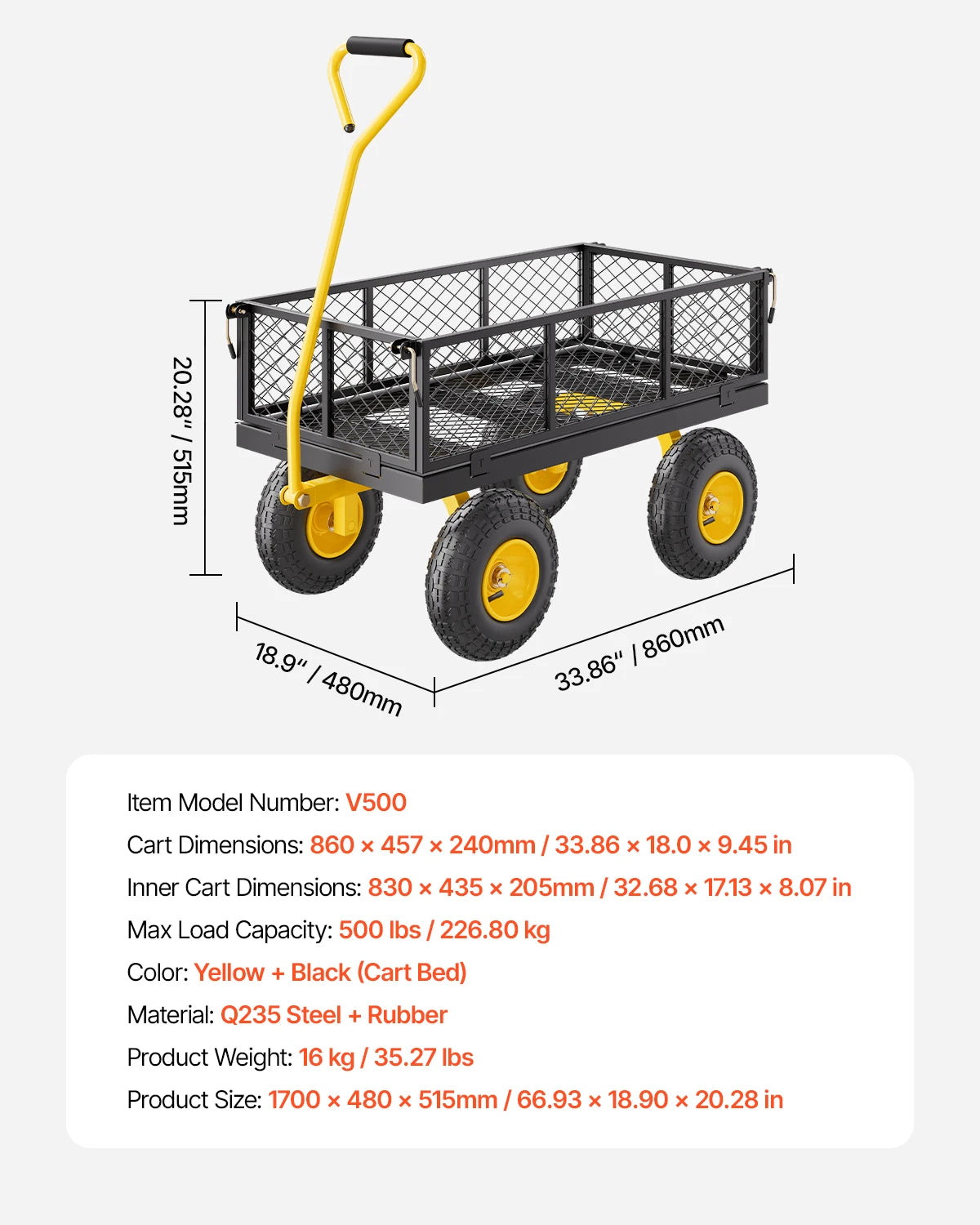 Garden Cart Pullable on Wheels Metal Yard Wagon Cart W/ All TerrainTires Mesh Removable Sides and Rotating Handle