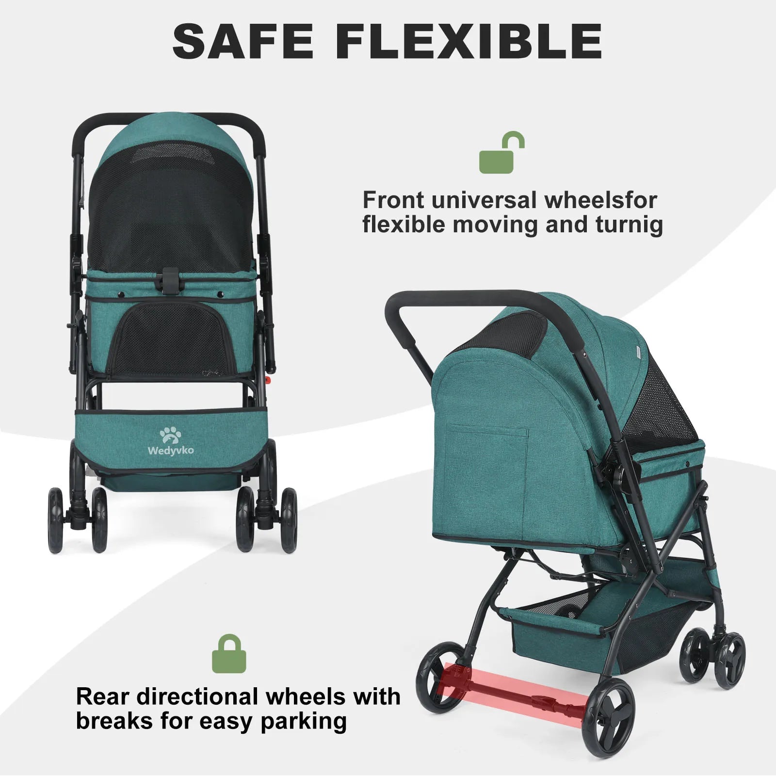 Dog Stroller, Pet Stroller for Medium Dogs Cats, with Dog Poop Bags, Reversible Handlebar, Tethers, Storage Basket and Pouch