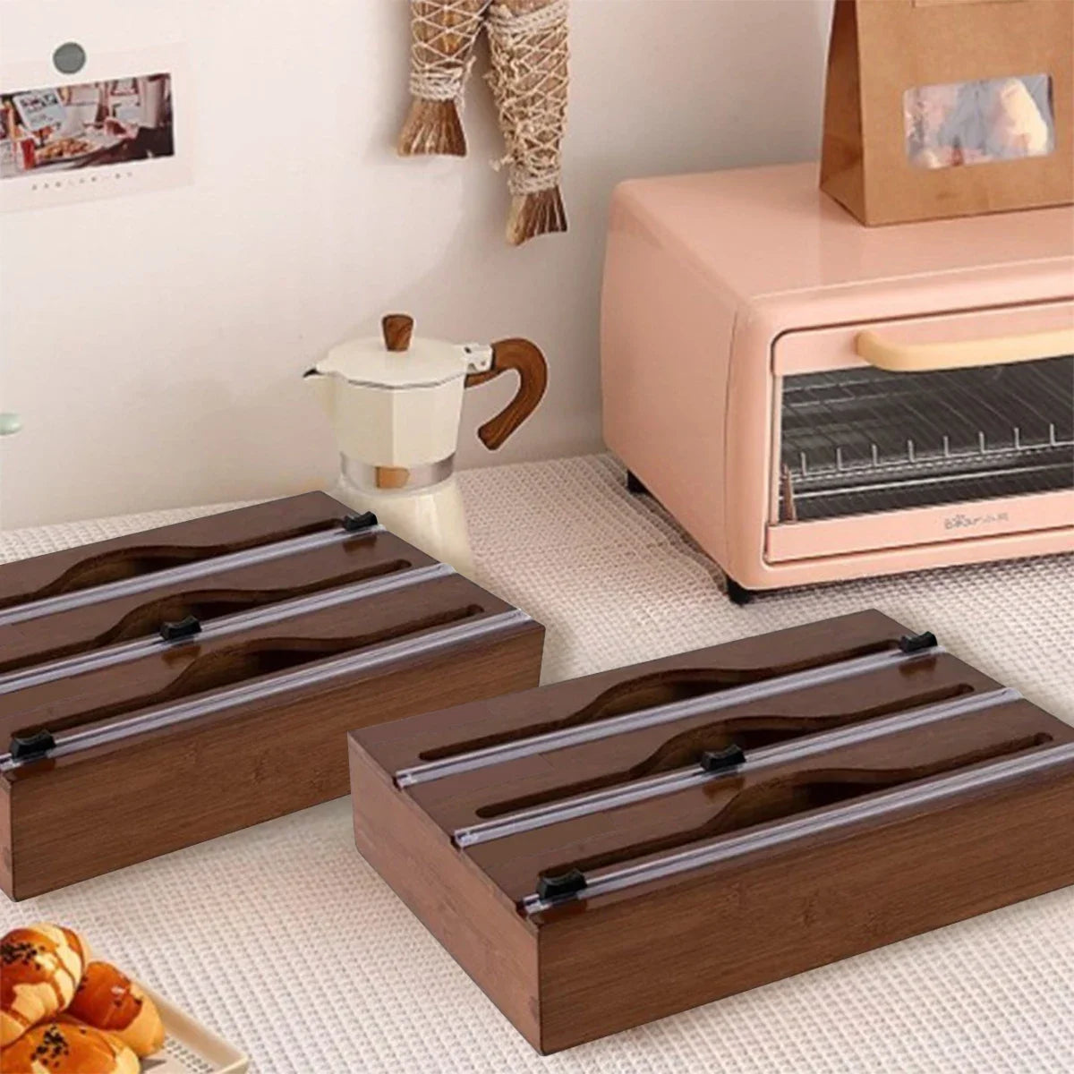 1pc Kitchen Wrap Dispenser With Foil & Cling Film Cutter Box, Bamboo Fresh Bag Cutting Holder, Trash Bag & Plastic Bag Wooden St