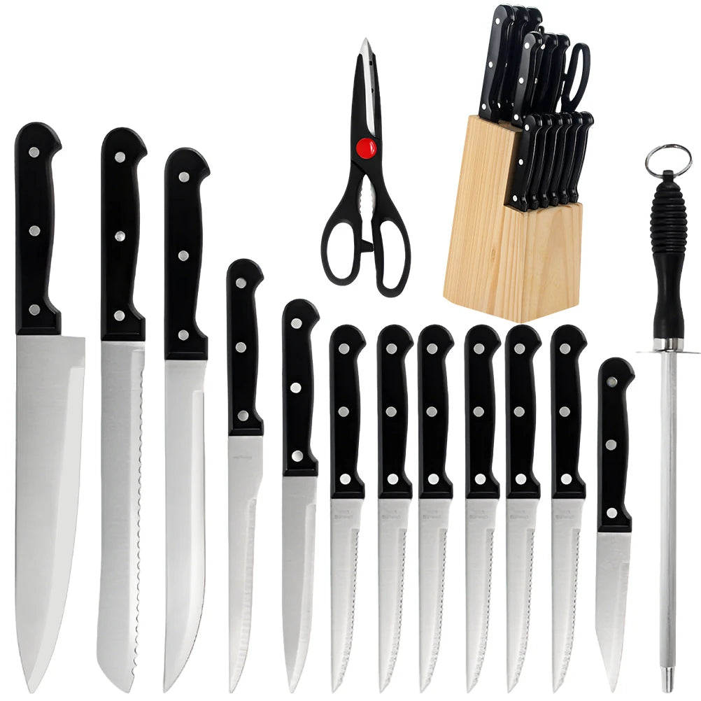Kitchen Knife Set with Solid Wood Holder 15pcs Stainless Steel Sharp Chef's Knives bread Knife Cleaver Fruit Steak Knife Set