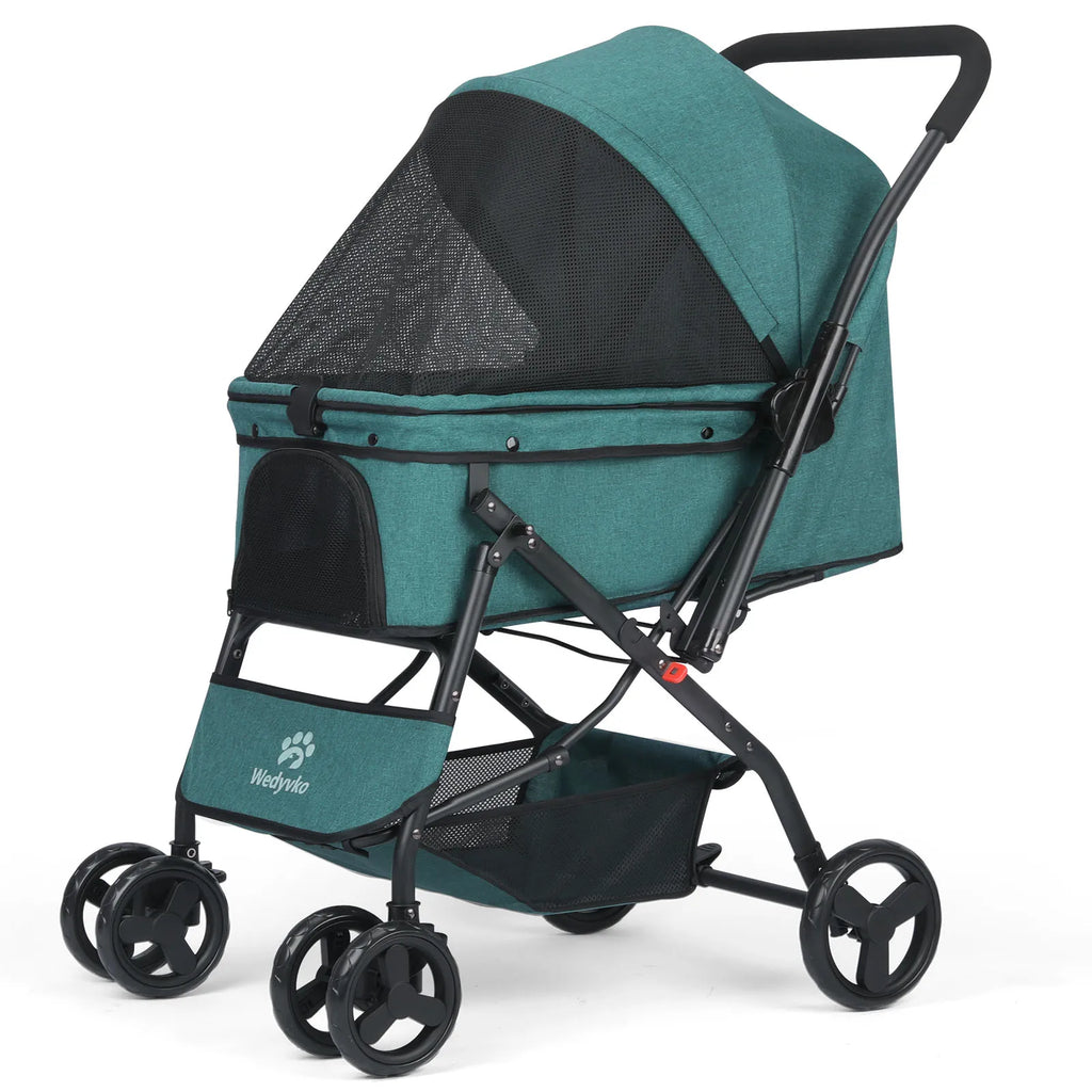 Dog Stroller, Pet Stroller for Medium Dogs Cats, with Dog Poop Bags, Reversible Handlebar, Tethers, Storage Basket and Pouch