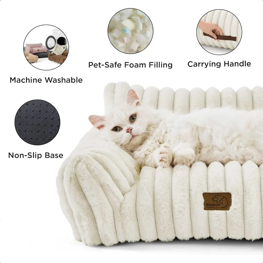 Cute Cat Couch for Pets Fluffy Dog Bed Small Medium Size Dog with Premium Soft Corduroy Fleece Pet Sofa with Removable Washable