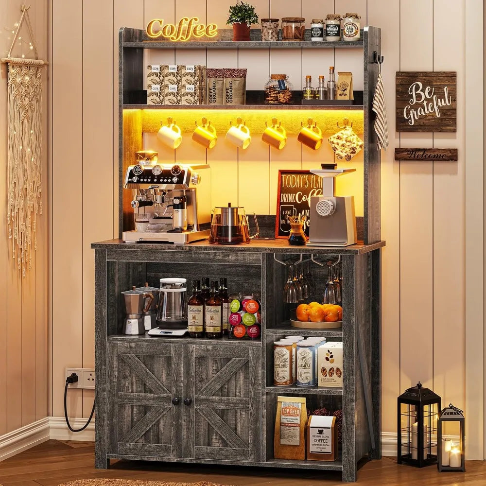 Coffee Bar Cabinet, Bakers Rack with Power Outlet and Storage, Farmhouse Microwave Stand Kitchen Cabinet with Hutch, LED Lights