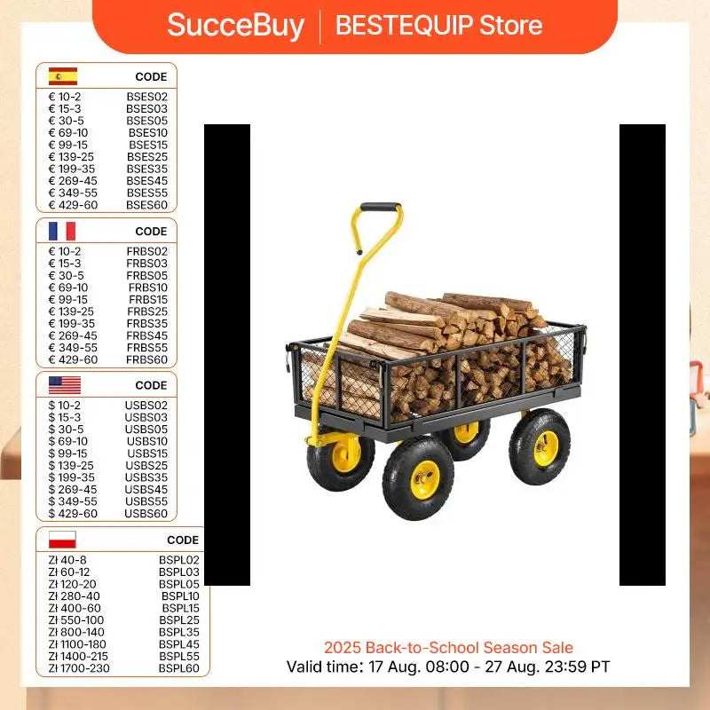 Garden Cart Pullable on Wheels Metal Yard Wagon Cart W/ All TerrainTires Mesh Removable Sides and Rotating Handle
