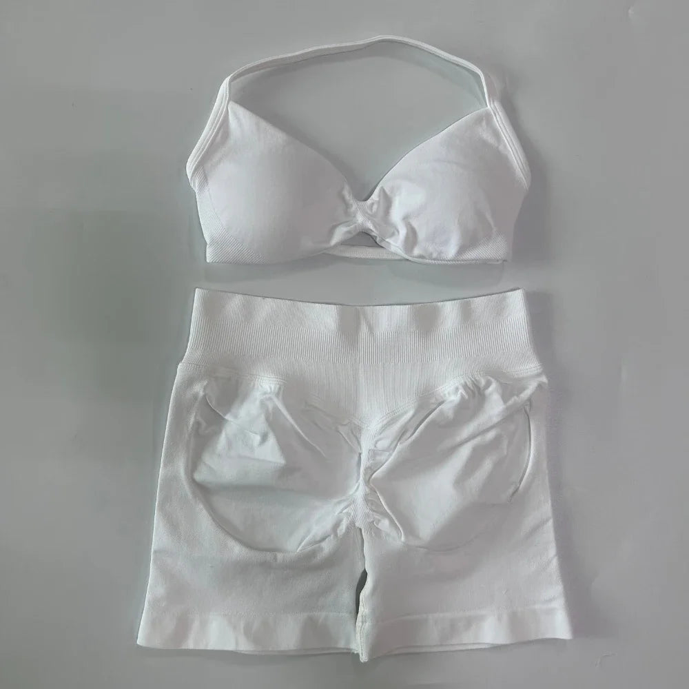 2PCS Gym Set Women Strappy Yoga Bra Top High Waist Workout Scrunch Shorts Sports Suit Seamless Yoga Set Fitness Clothes