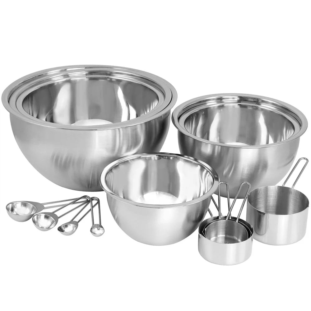 14 Piece Stainless Steel Measuring Cups Spoons Set with Mixing Bowls Kitchen Baking Utensils Durable Hand Wash Easy Storage