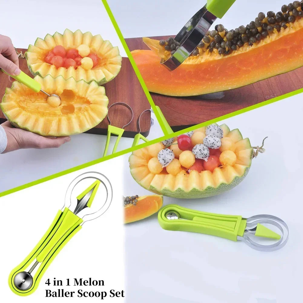Melon Baller Scoop Set 4 in 1 Fruit Cutters Shapes Watermelon Scooper Fruit Scooper and Baller Fruit Carving Kitchen AccessoriesCurving